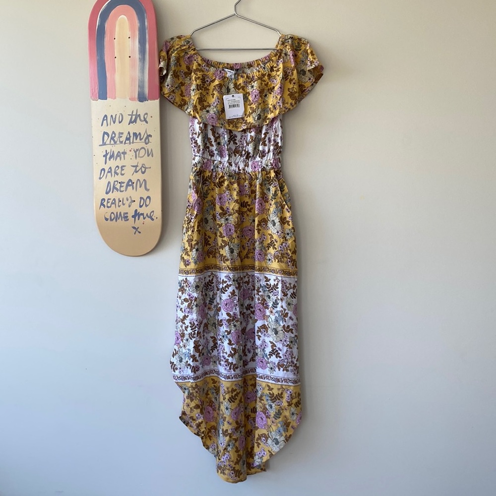 O’NEILL Ziggi Sunshine Yellow Boho Floral Boho Off The Shoulder Midi Dress NWT - Picture 7 of 14